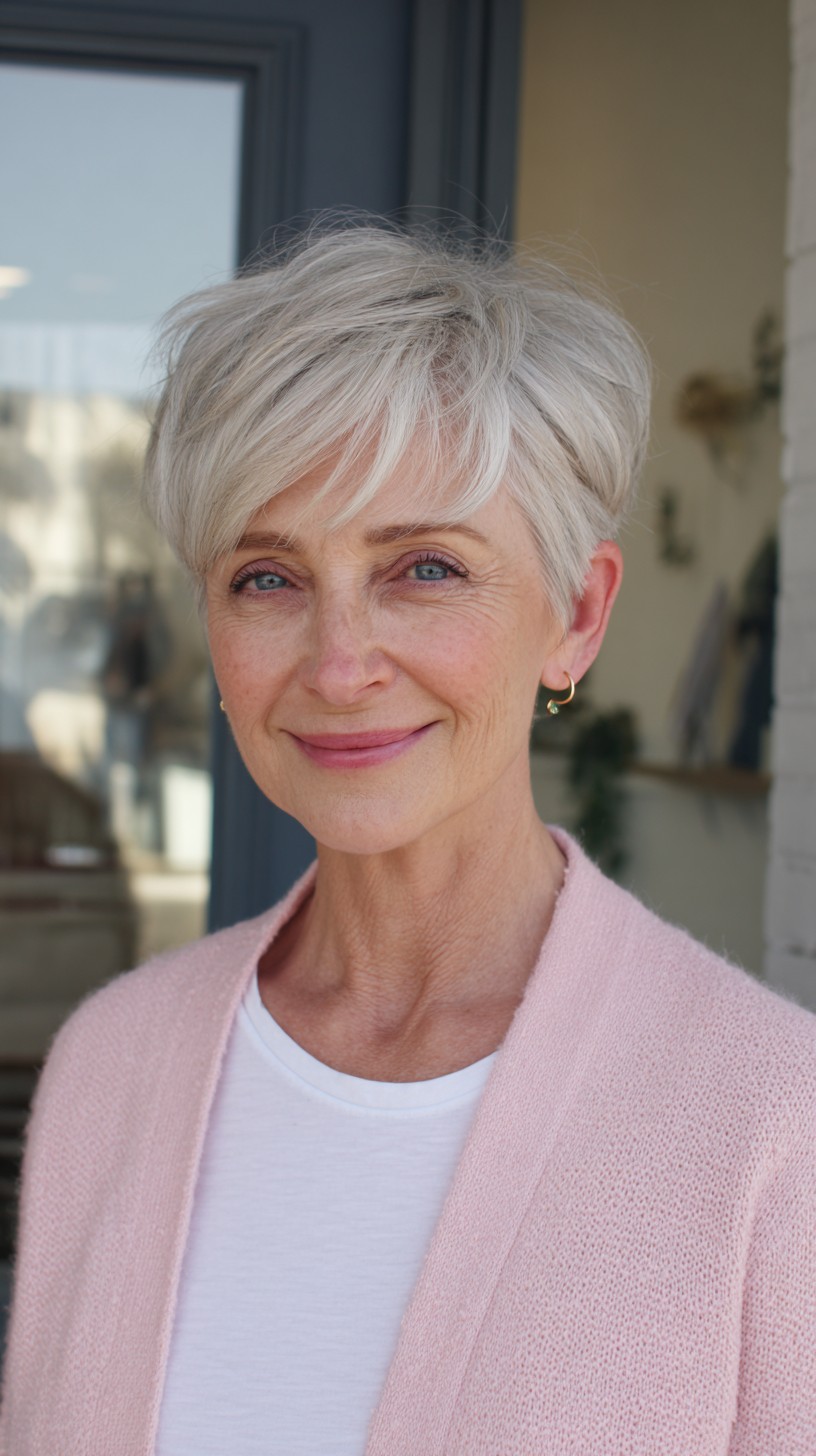 Soft Silver-White Textured Pixie with Wispy Side Fringe