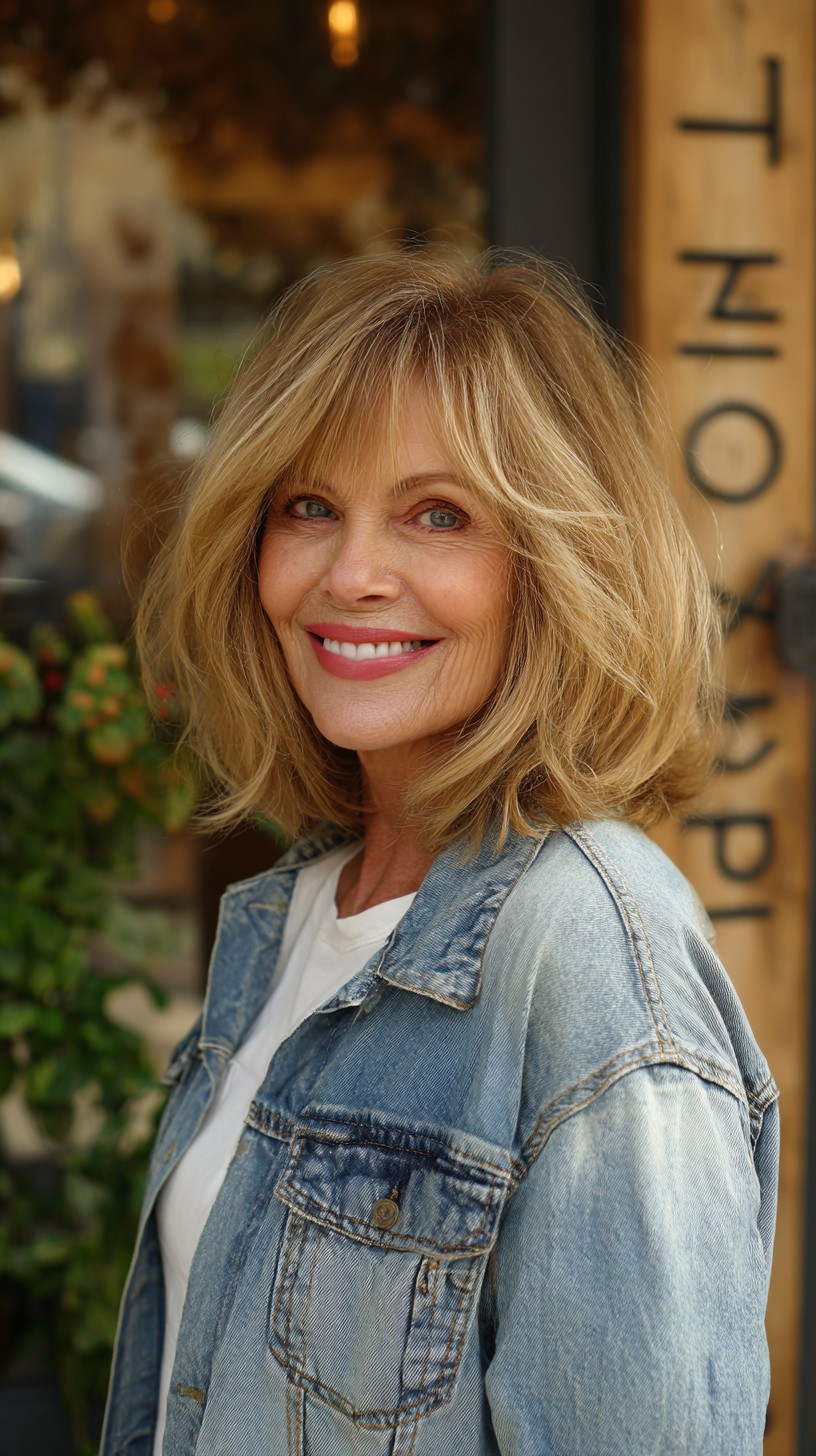 Sunlit Root-Shadow Layered Shoulder-Length Lob with Feathered Fringe