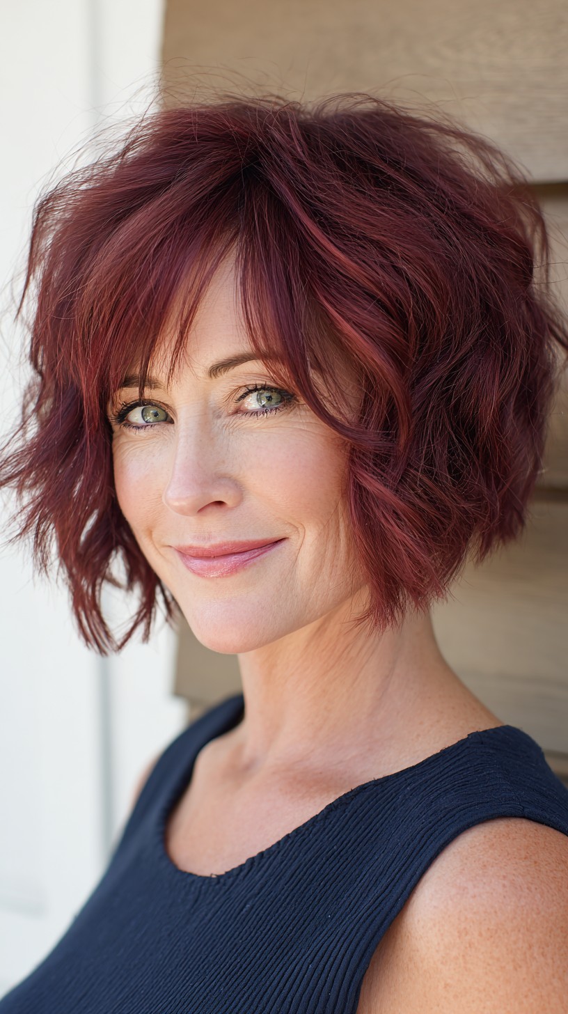 Textured Burgundy Piecey Chin-Length Bob with Soft Micro-Fringe