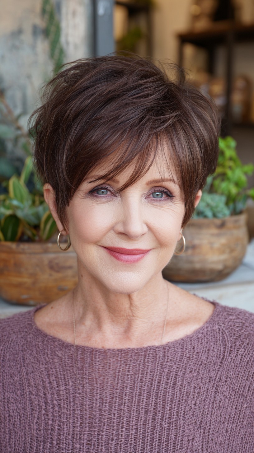 Textured Chestnut Pixie with Side-Swept Fringe