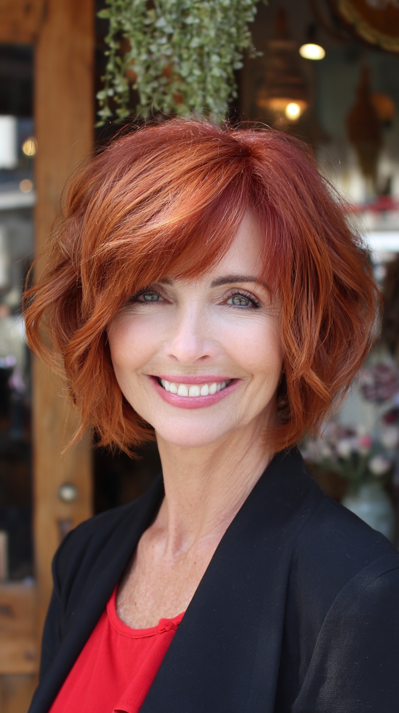 Textured Copper Chin-Length Bob with Rotational Interior Layers and Side-Swept Fringe