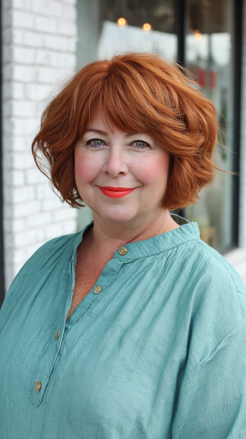 Textured Copper French Bob with Side-Swept Mini Fringe