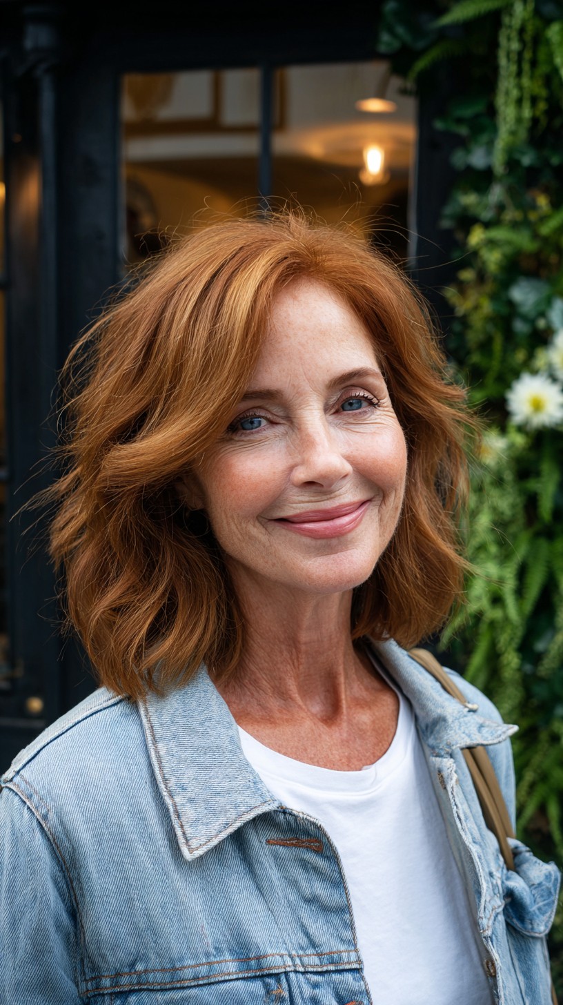 Textured Copper Shoulder-Length Lob with Natural Crown Lift
