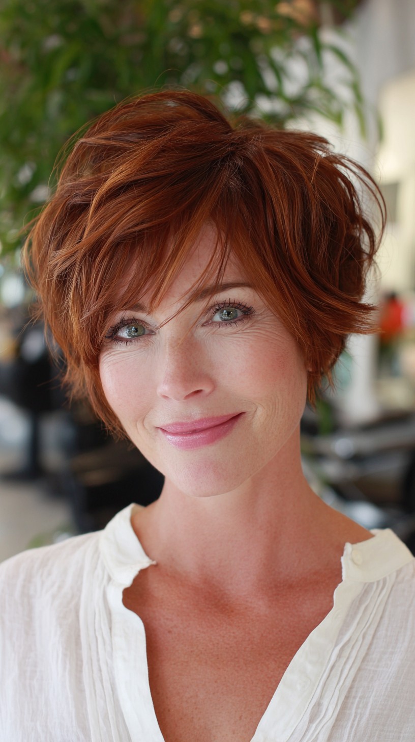 Textured Copper Tousled Pixie with Face-Framing Layers