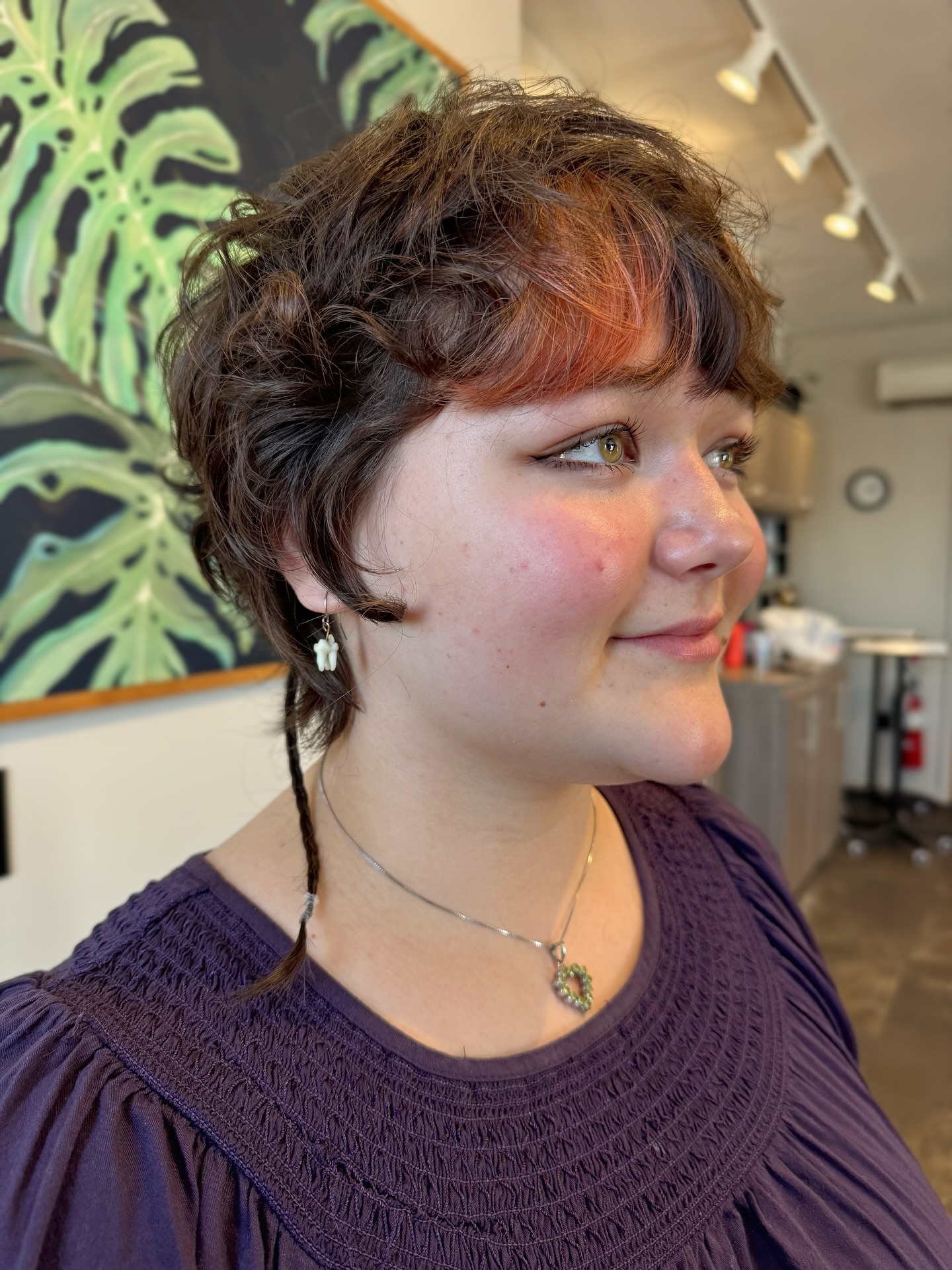 Textured Short Pixie with Peach Peekaboo Fringe and Braided Nape Accent