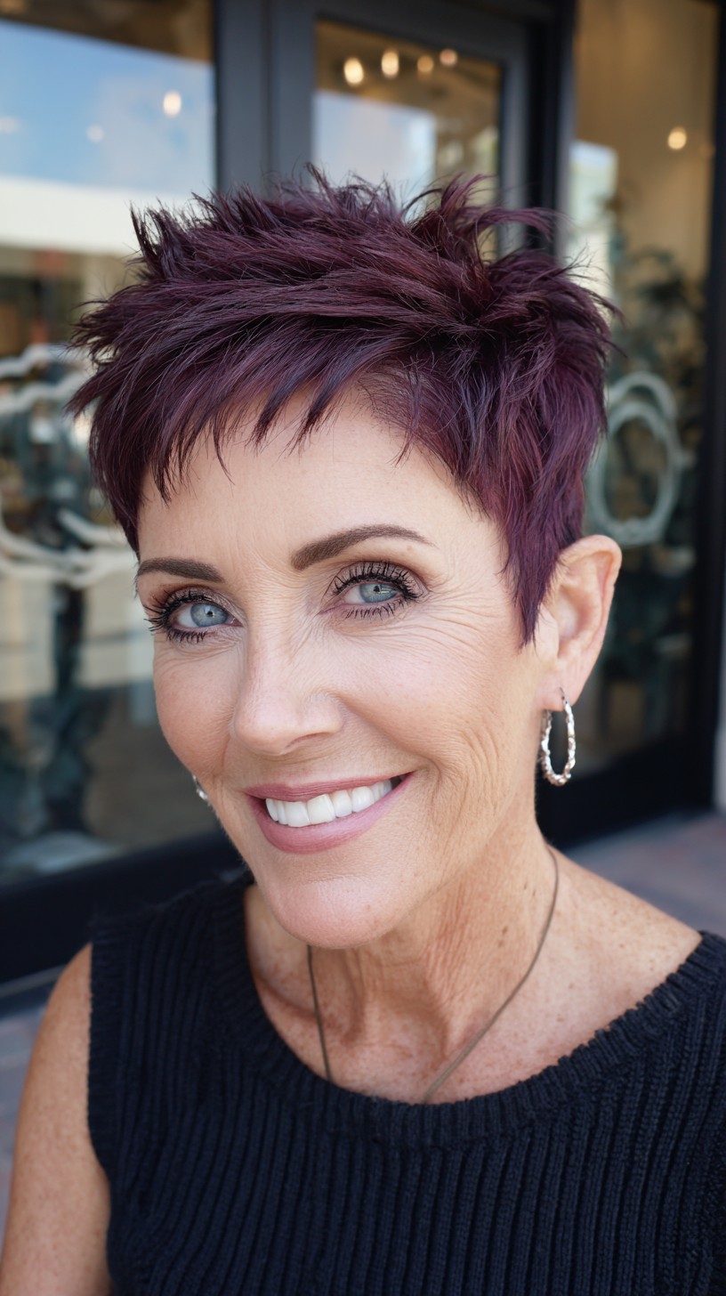 Textured Short Spiky Pixie with Deep Wine-Toned Color