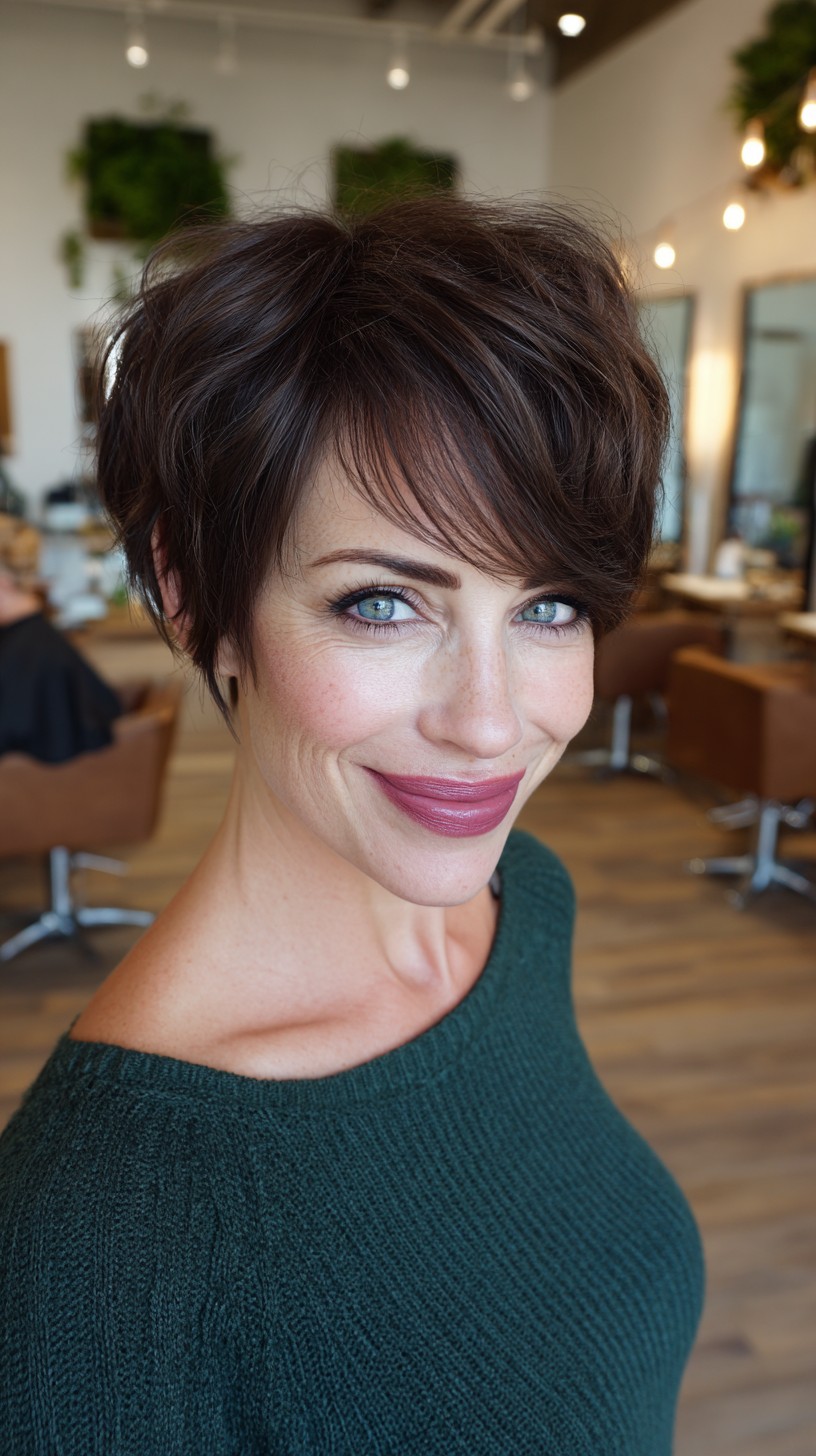 Textured Short Stacked Pixie with Long Side-Swept Fringe