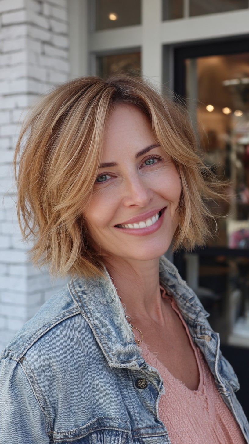 Textured Sunlit Blonde Chin-Length Lob with Micro-Razor Ends