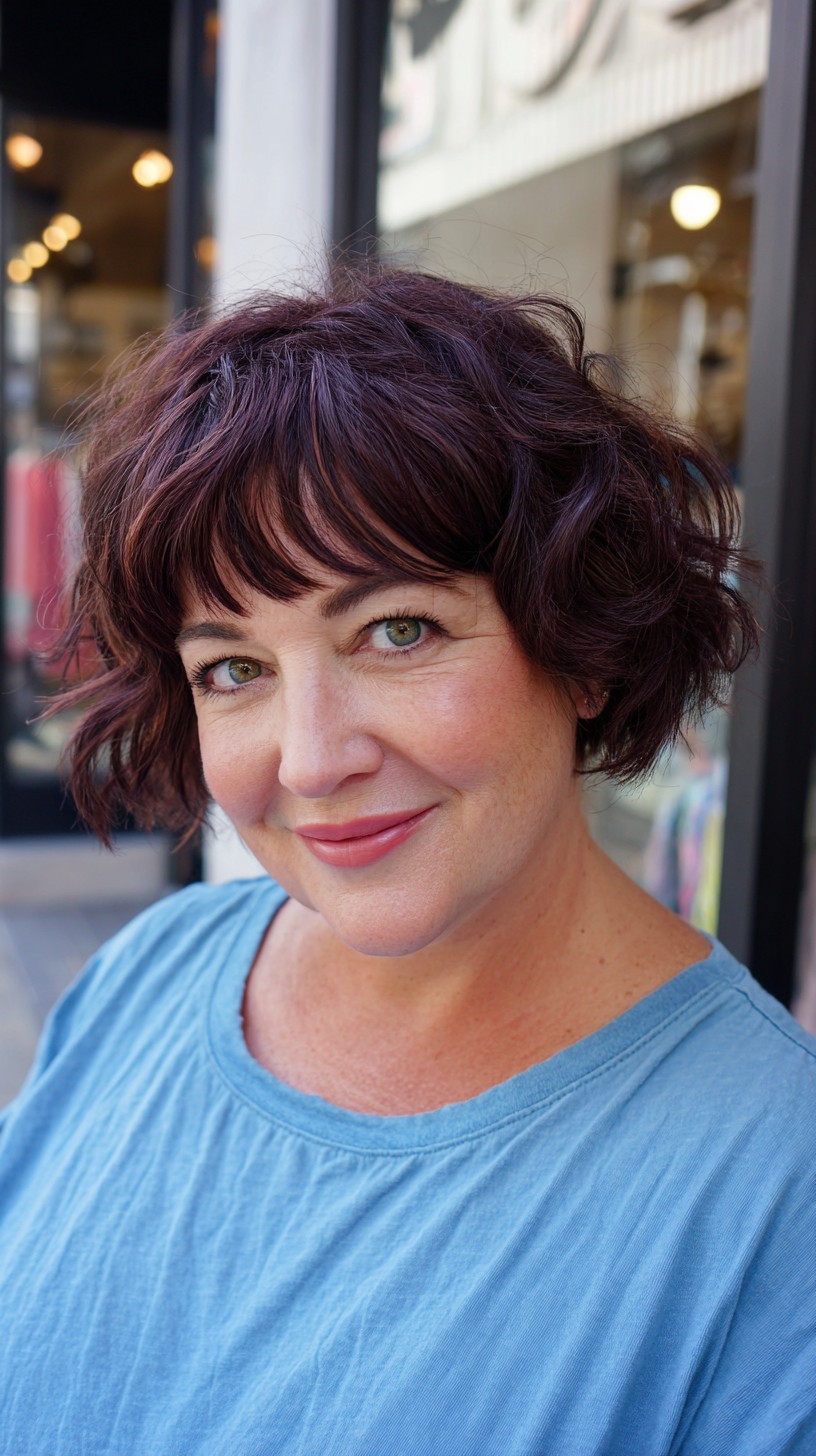Textured Wine-Red Short Curly Bob with Soft Blunt Micro-Fringe