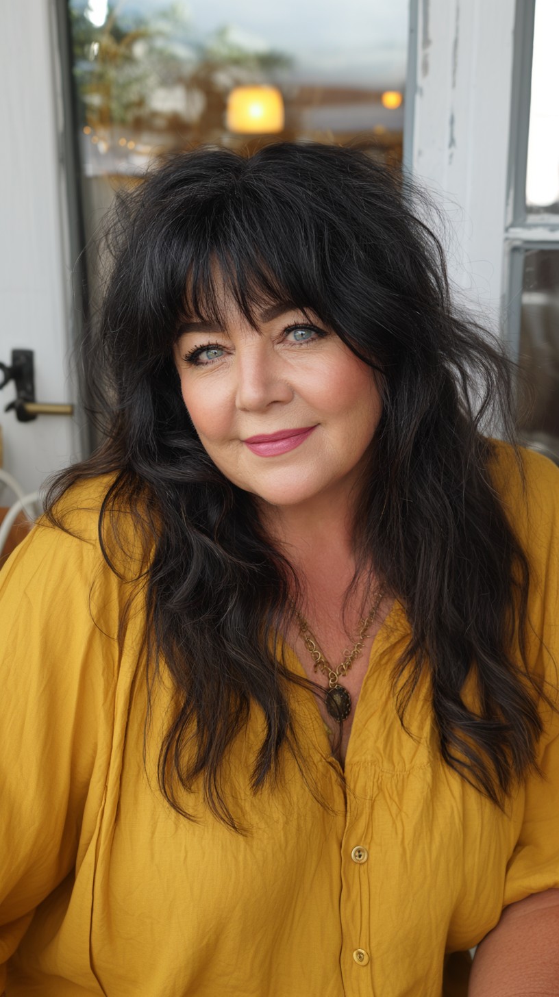 Tousled Black Wolf Cut with Wispy Fringe and Crown Micro-Layers