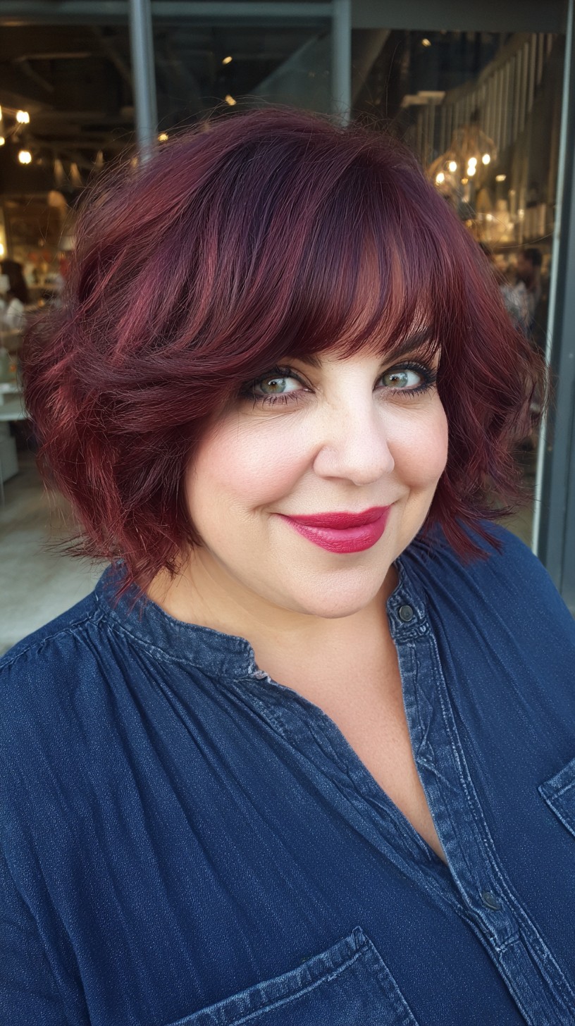 Voluminous Burgundy Textured Bob with Soft Fringe
