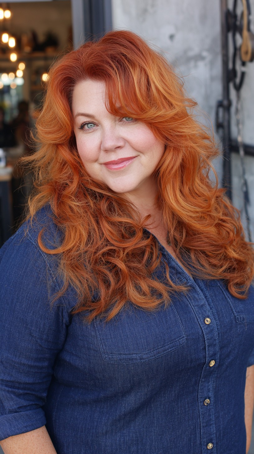 Voluminous Copper Layered Wolf Cut with Soft Side Fringe