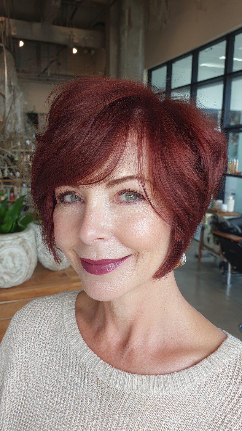 Voluminous Red Stacked Chin-Length Bob with Soft Curtain Fringe
