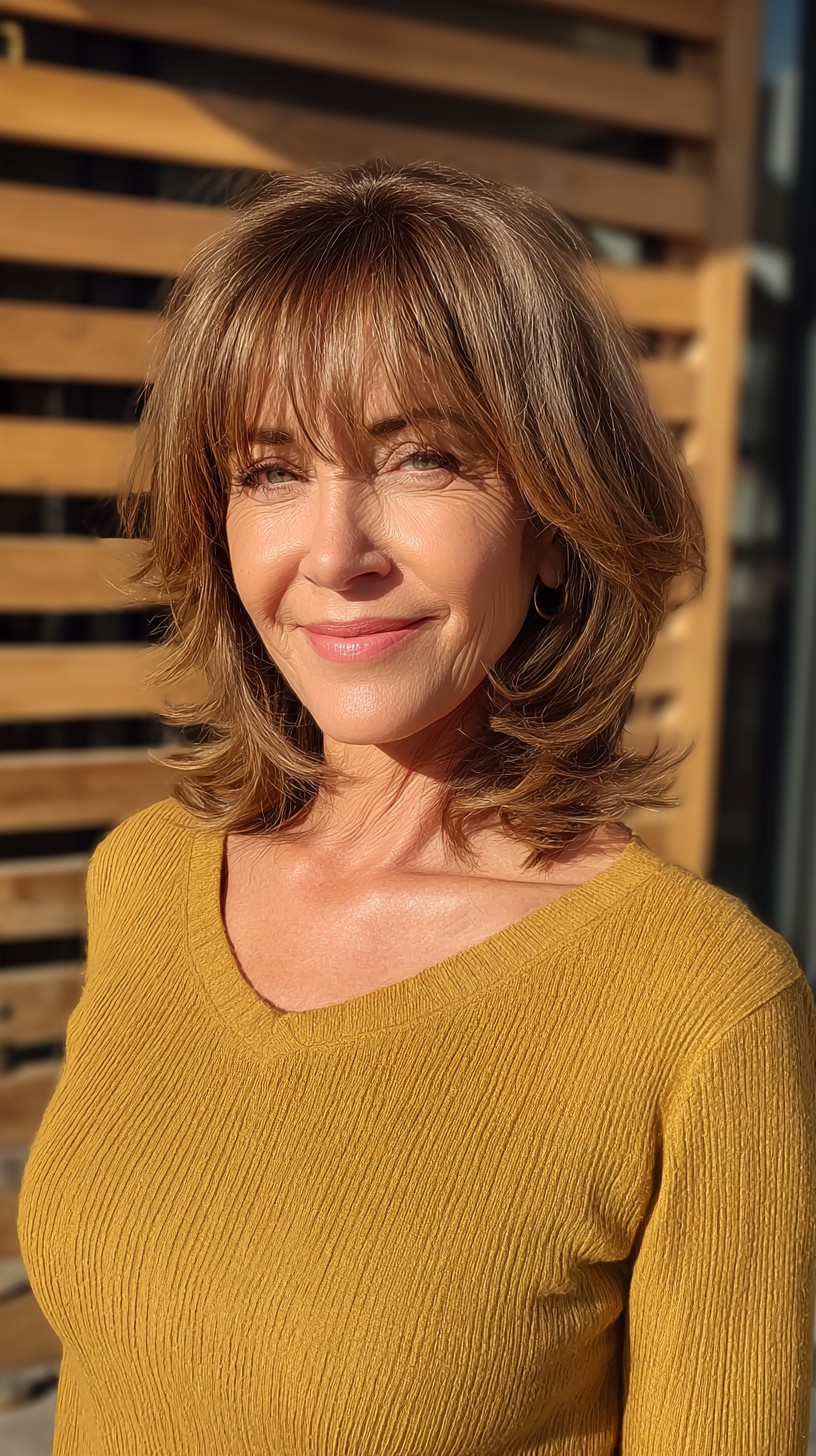 Warm Chestnut Feathered Shoulder-Length Cut with Wispy Micro-Bangs