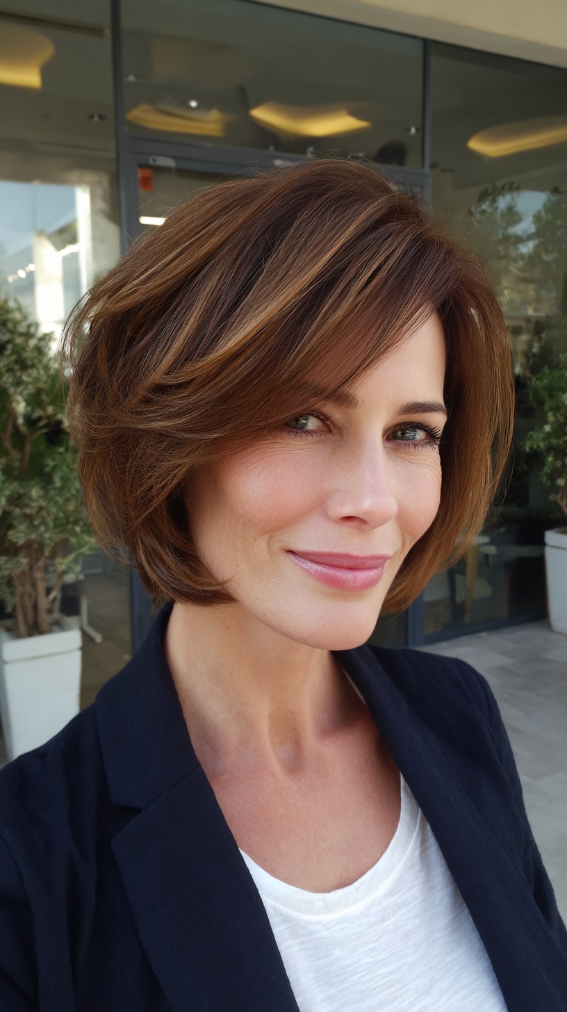 Warm Chestnut Layered Chin-Length Bob with Face-Framing Sweep