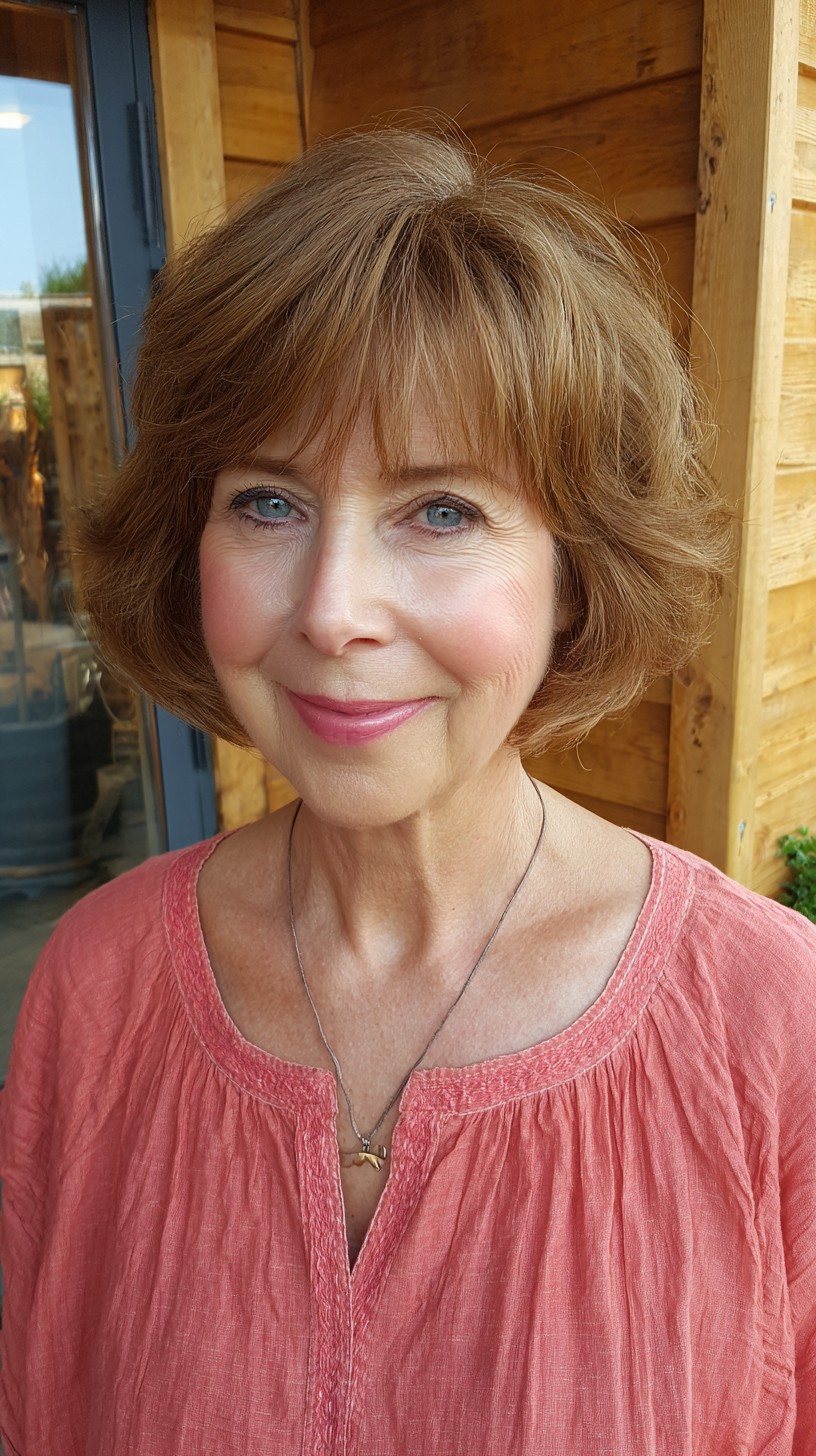Warm Copper Rounded Bob with Feathered Fringe and Crown Lift