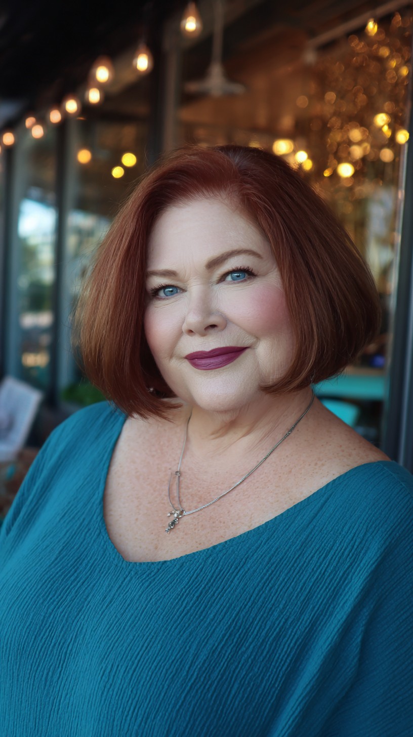 Warm Copper Rounded Chin-Length Bob with Subtle Interior Graduation
