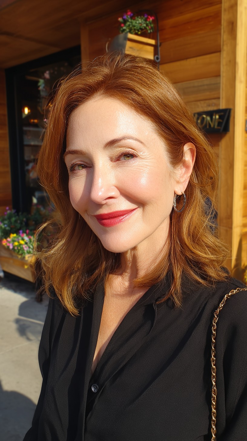 Warm Copper Shoulder-Grazing Lob with Soft Curtain Part and Subtle Root Shadow