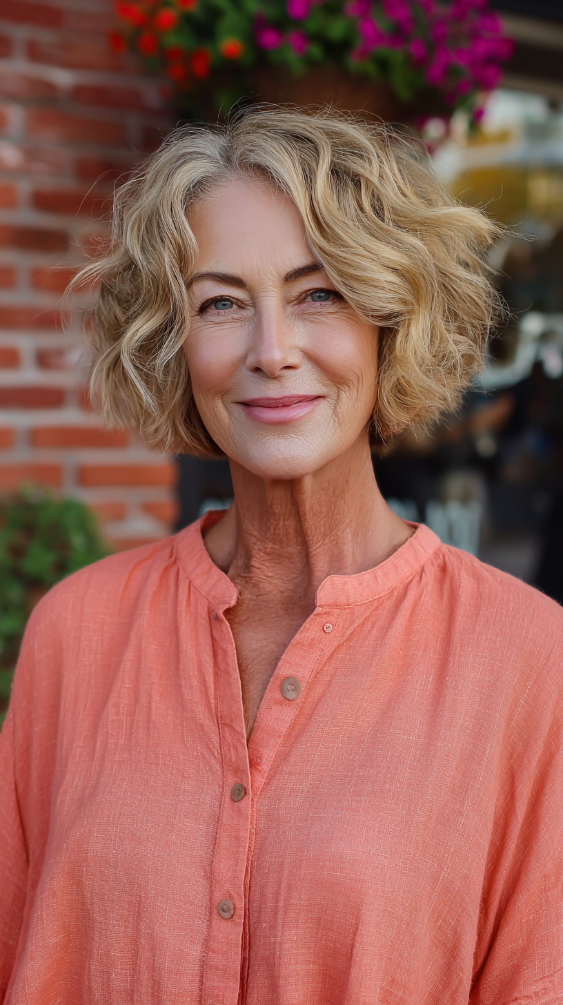 Warm Root-Melt Textured Chin-Length Wavy Bob
