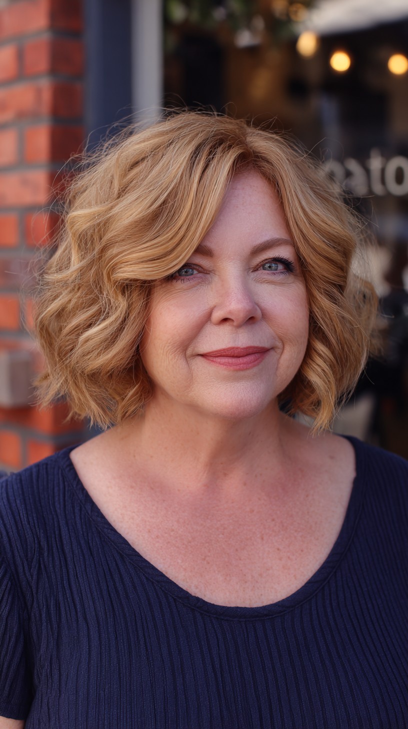 Warm Textured Chin-Length Wave Bob with Draped Side Part