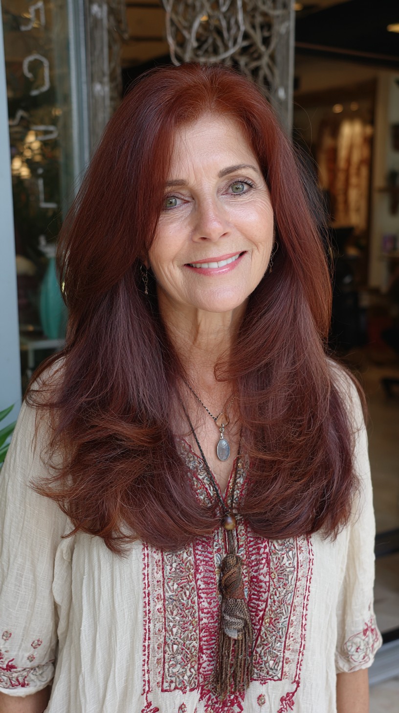 Auburn Long Face-Framing Feathered Layers with Soft Crown Lift