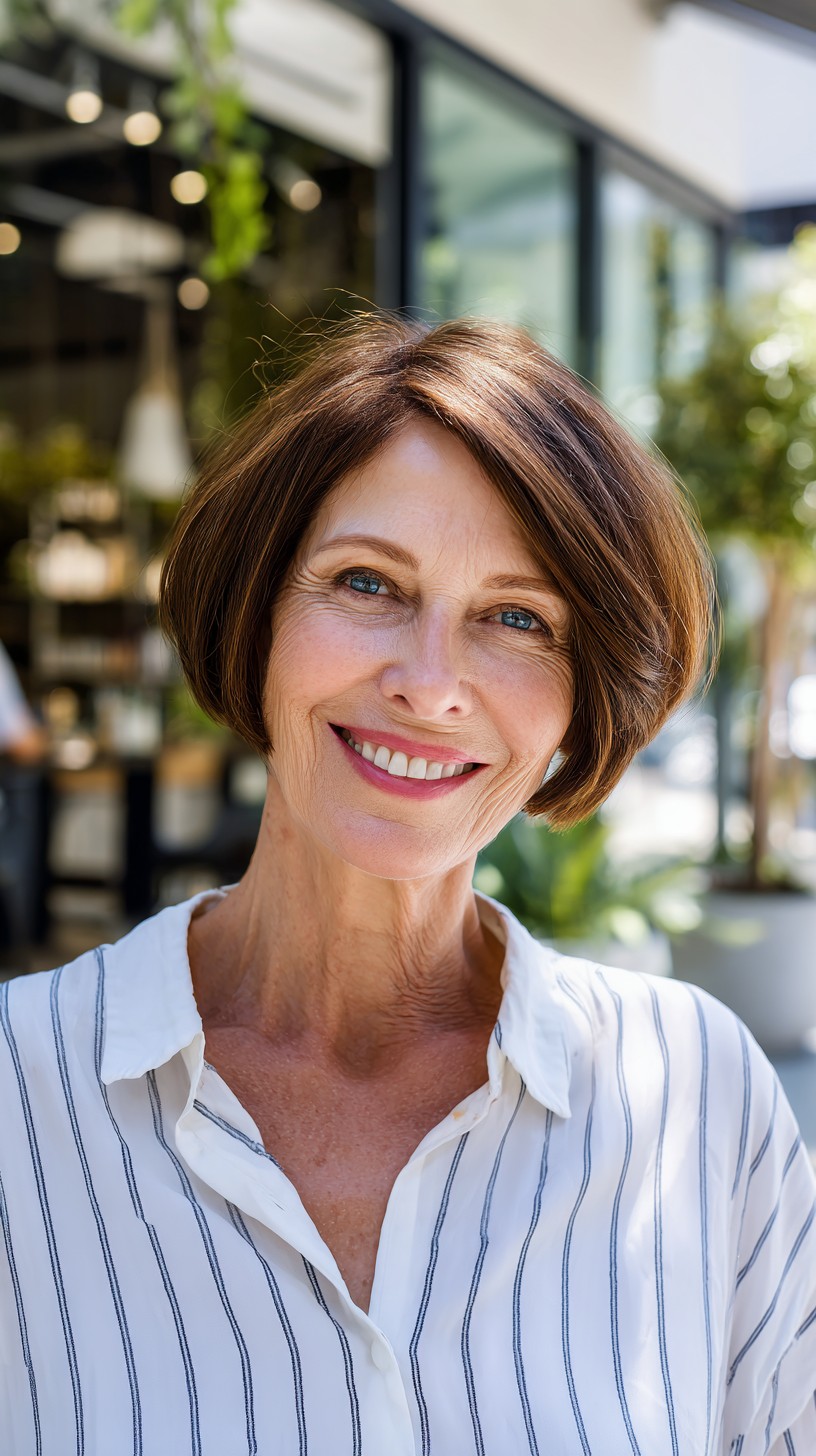 Chestnut Rounded Nano Bob with Deep Side Part and Internal Stack