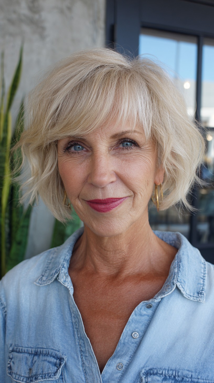 Chin-Length Textured Blonde Bob with Soft Curtain Fringe