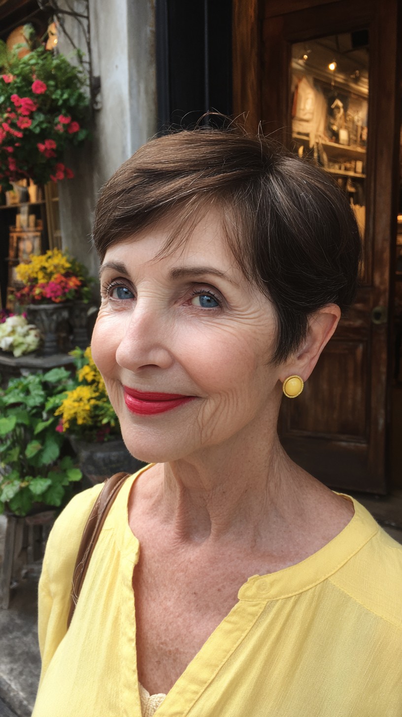 Classic Short Pixie with Soft Side Sweep and Temple Grey Accents