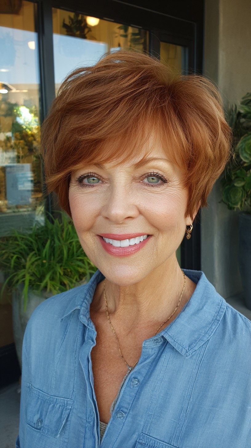 Copper Feathered Pixie with Side-Swept Fringe