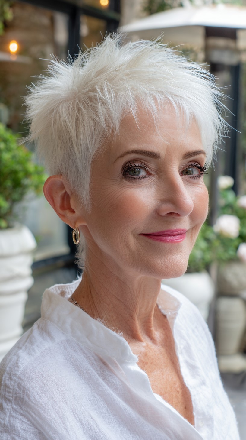 Crisp Platinum Textured Pixie with Feathered Crown