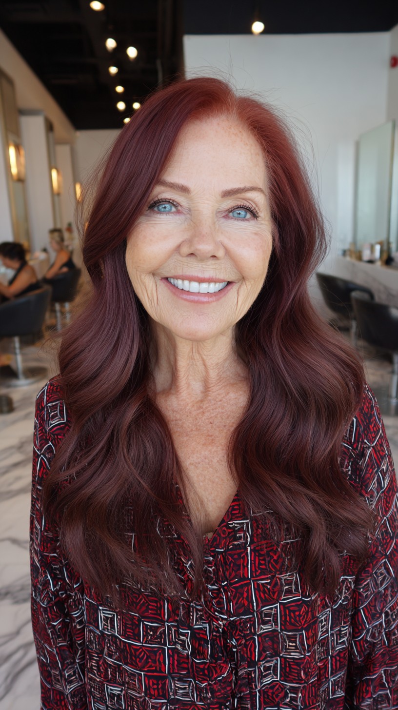 Deep Auburn Long Layers with Soft Face-Framing Graduation