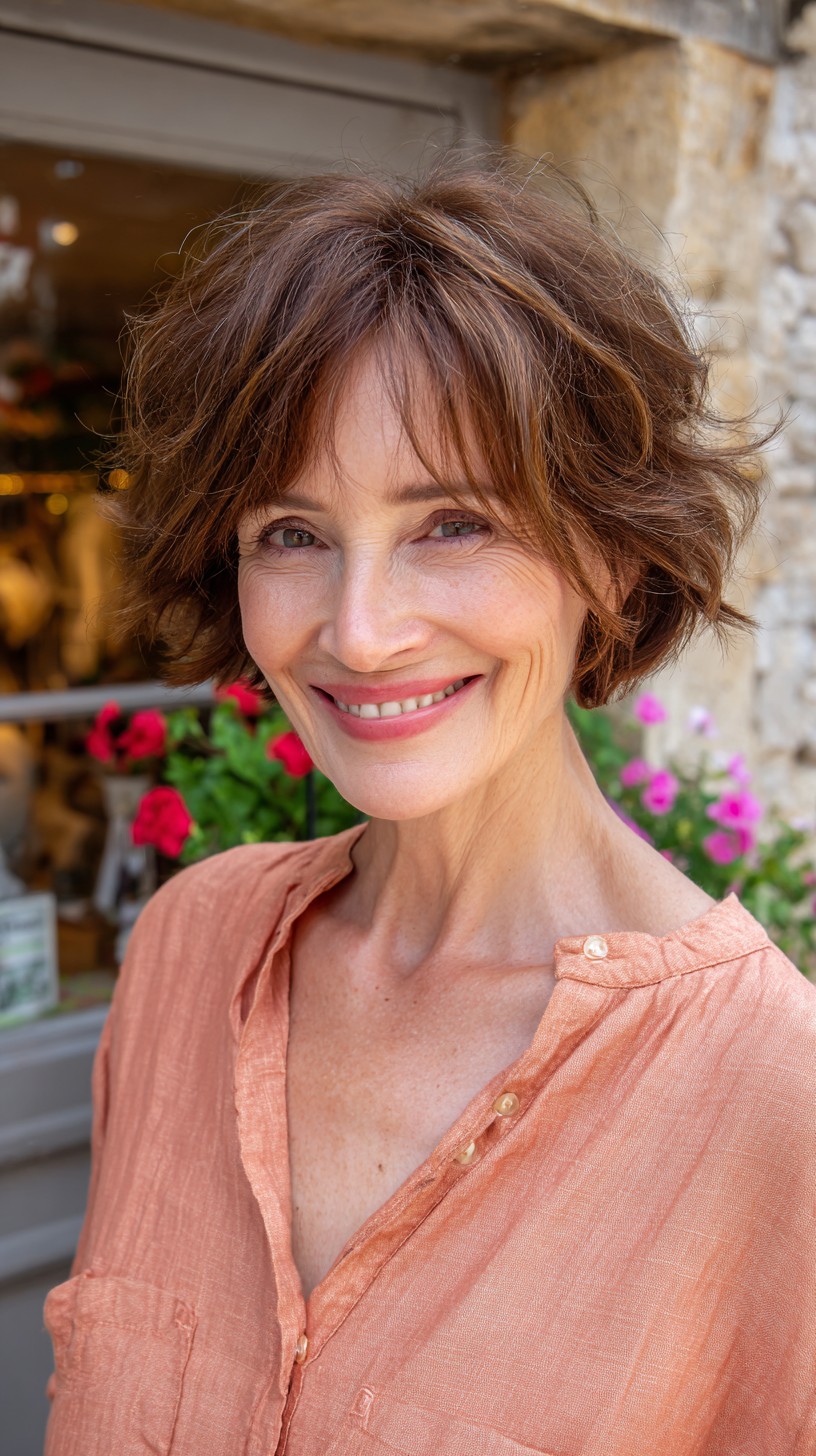 Feathered Chestnut Nano Bob with Soft Curtain Fringe