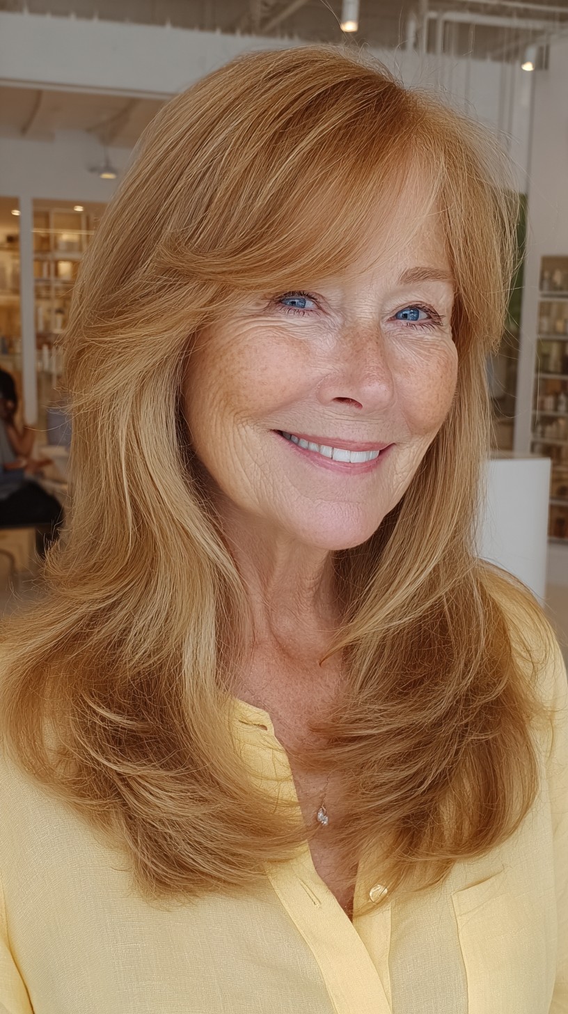 Light Copper-Blonde Long Layers with Soft Side Sweep