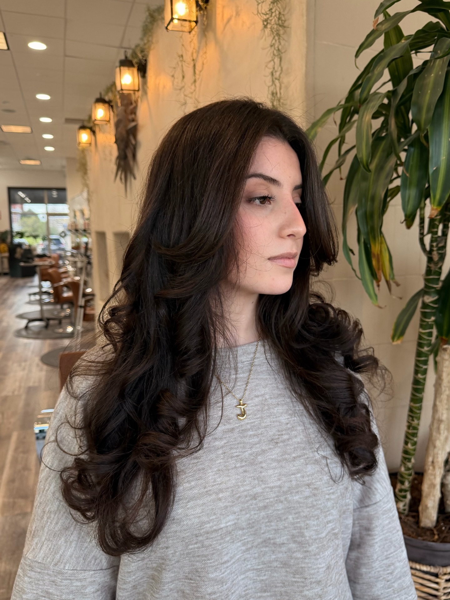 Long Brunette Face-Framing Layers with Blown-Out Ends