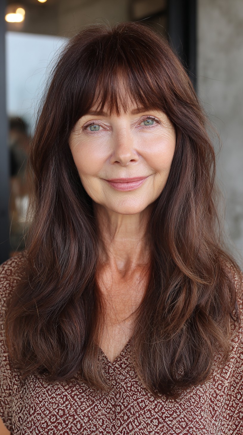 Long Chestnut Layers with Wispy Micro-Bangs
