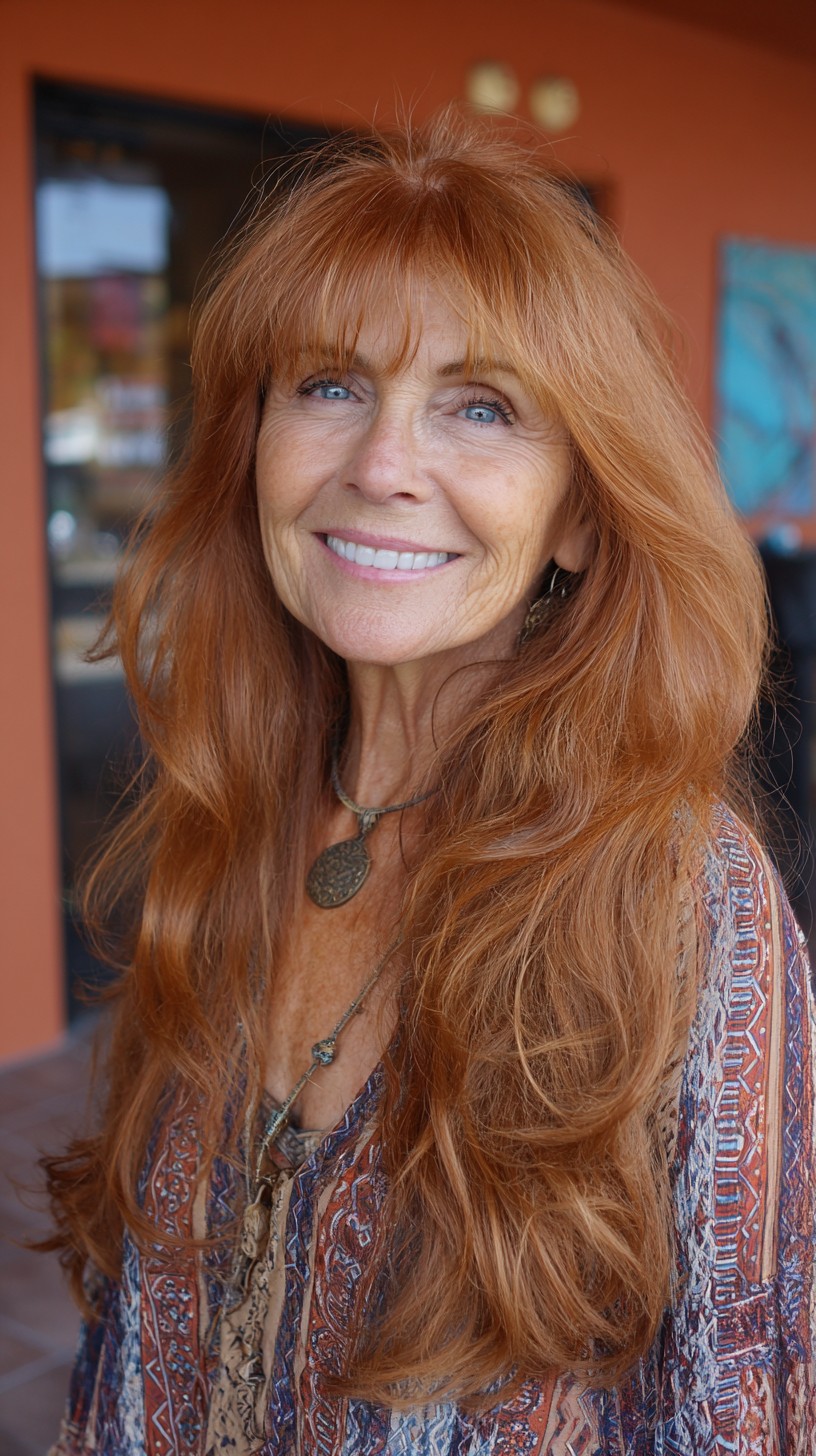 Long Copper-Red Layers with Wispy Blunt Fringe