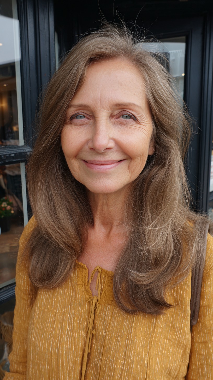Soft Long Face-Framing Layers with Natural Gray Blend