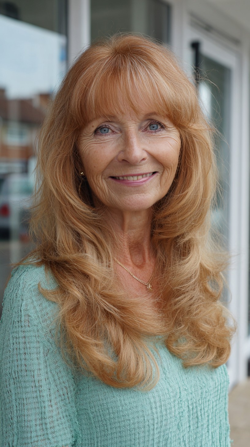 Long Strawberry-Blonde Face-Framing Layers with Soft Fringe