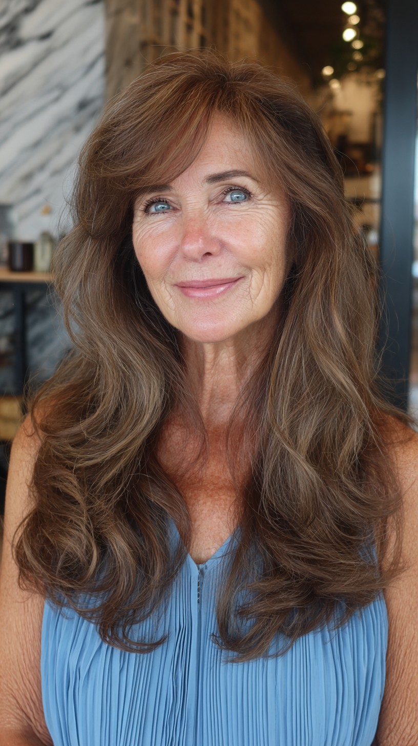 Long Voluminous Face-Framing Layers with Side Sweep