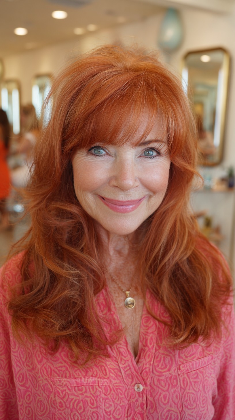 Long Warm Copper Layers with Feathered Brow Fringe
