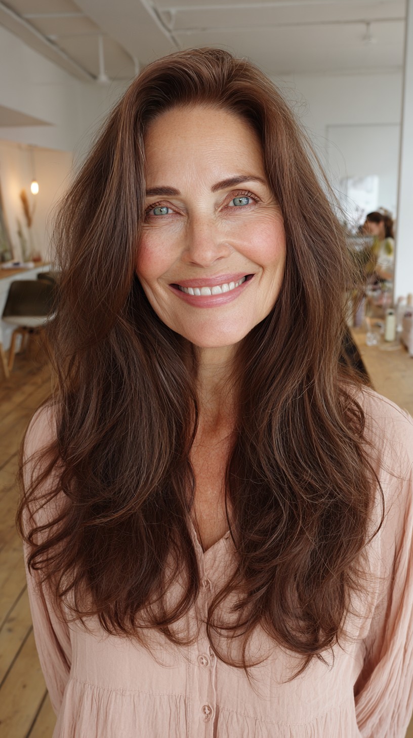 Natural Chestnut Long Layers with Soft Center Part and Lived-In Texture