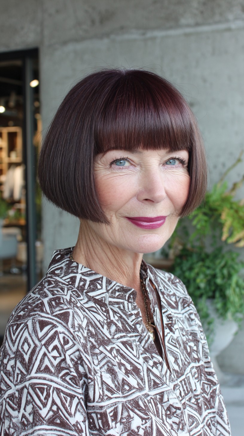 Plum-Brown Blunt Nano Bob with Micro Blunt Fringe