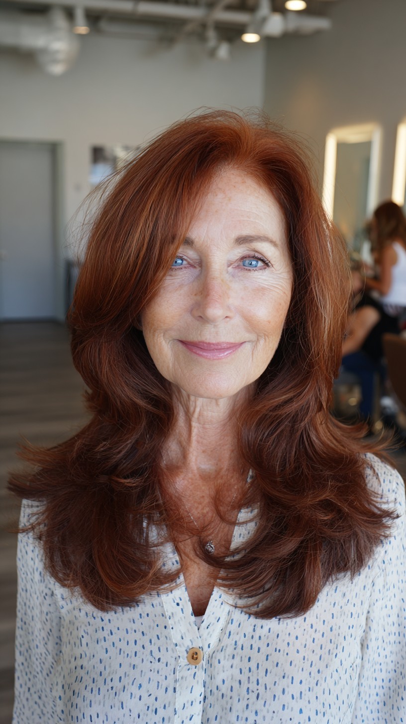 Rich Auburn Long Layers with Soft Face‑Framing Sweep