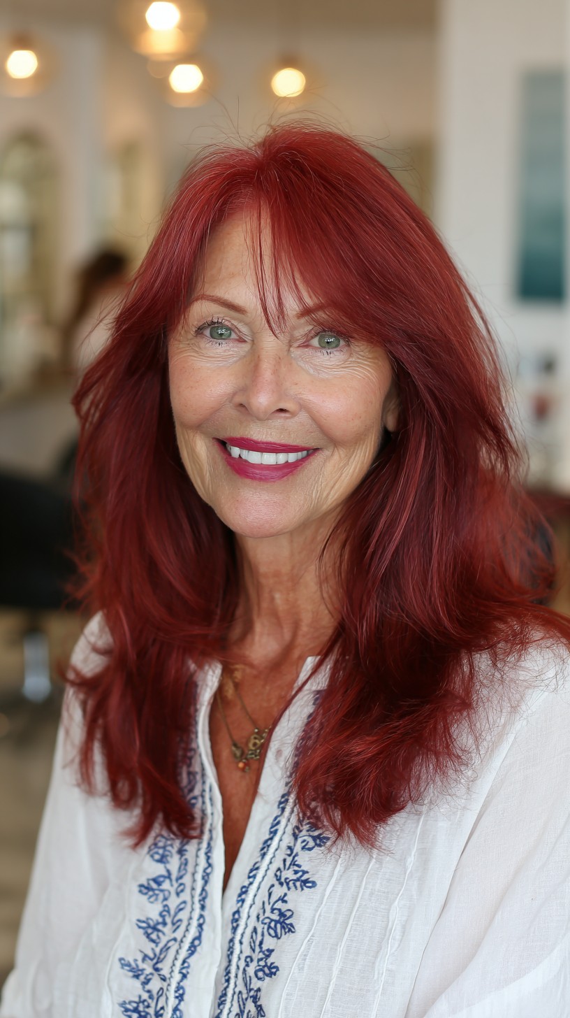 Rich Crimson Long Layers with Soft Face-Framing Fringe
