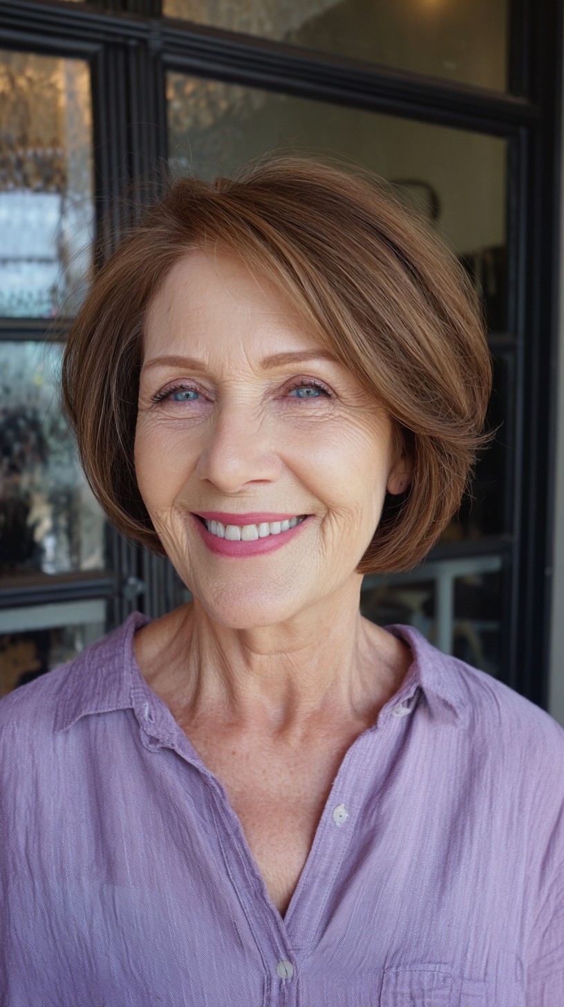 Rounded Chestnut Stacked Bob with Low Root Shadow and Side Sweep
