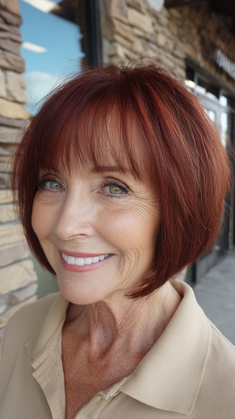 Rounded Chin-Length Copper Bob with Wispy Micro Fringe