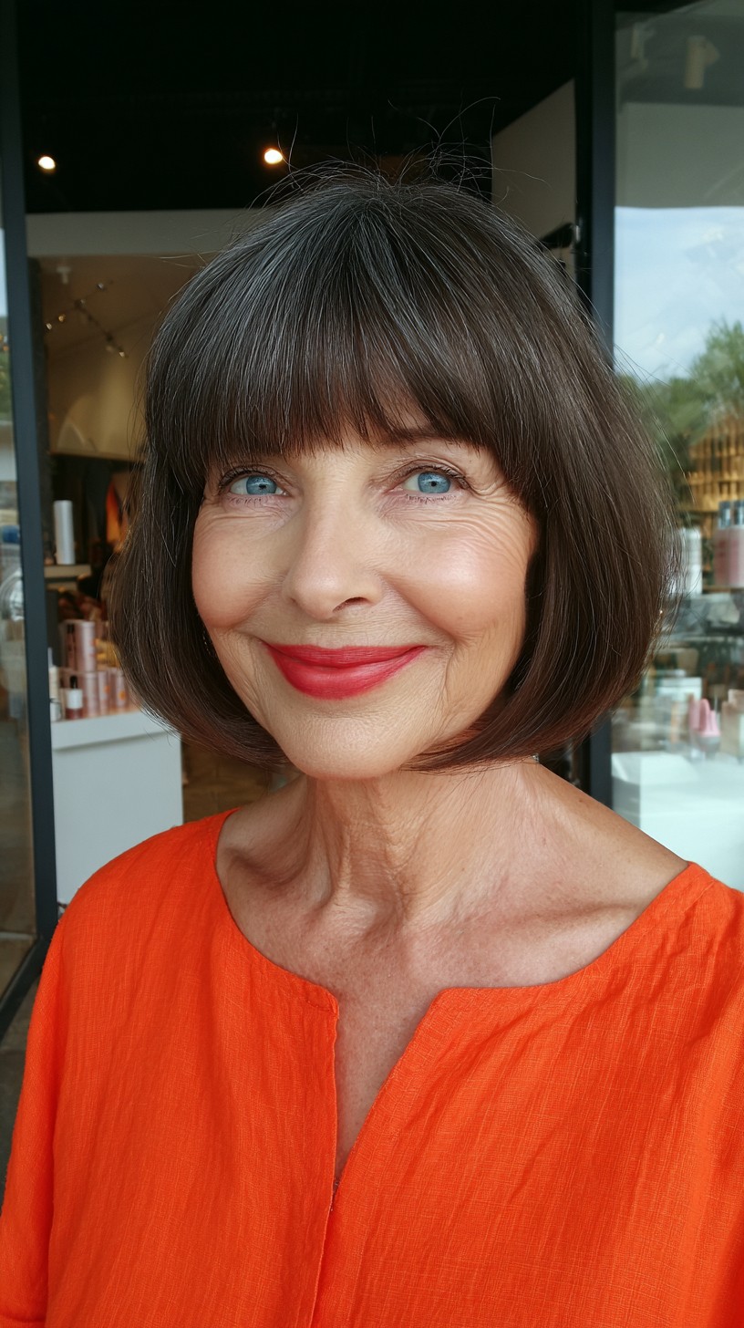 Rounded Neck-Length Bob with Full Blunt Fringe and Salt-and-Pepper Ribbon