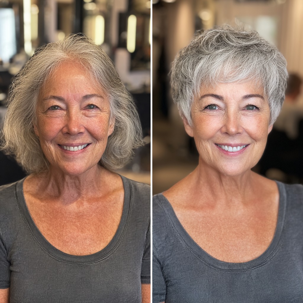 Rounded Silver Pixie with Micro-Textured Fringe and Crown Lift
