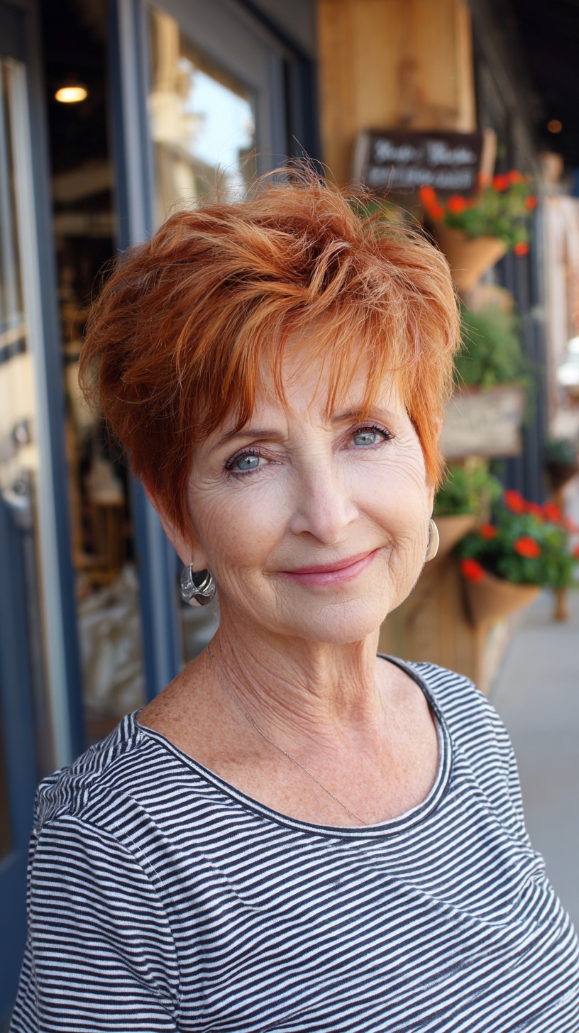 Short Copper Stacked Pixie with Airy Crown Texture