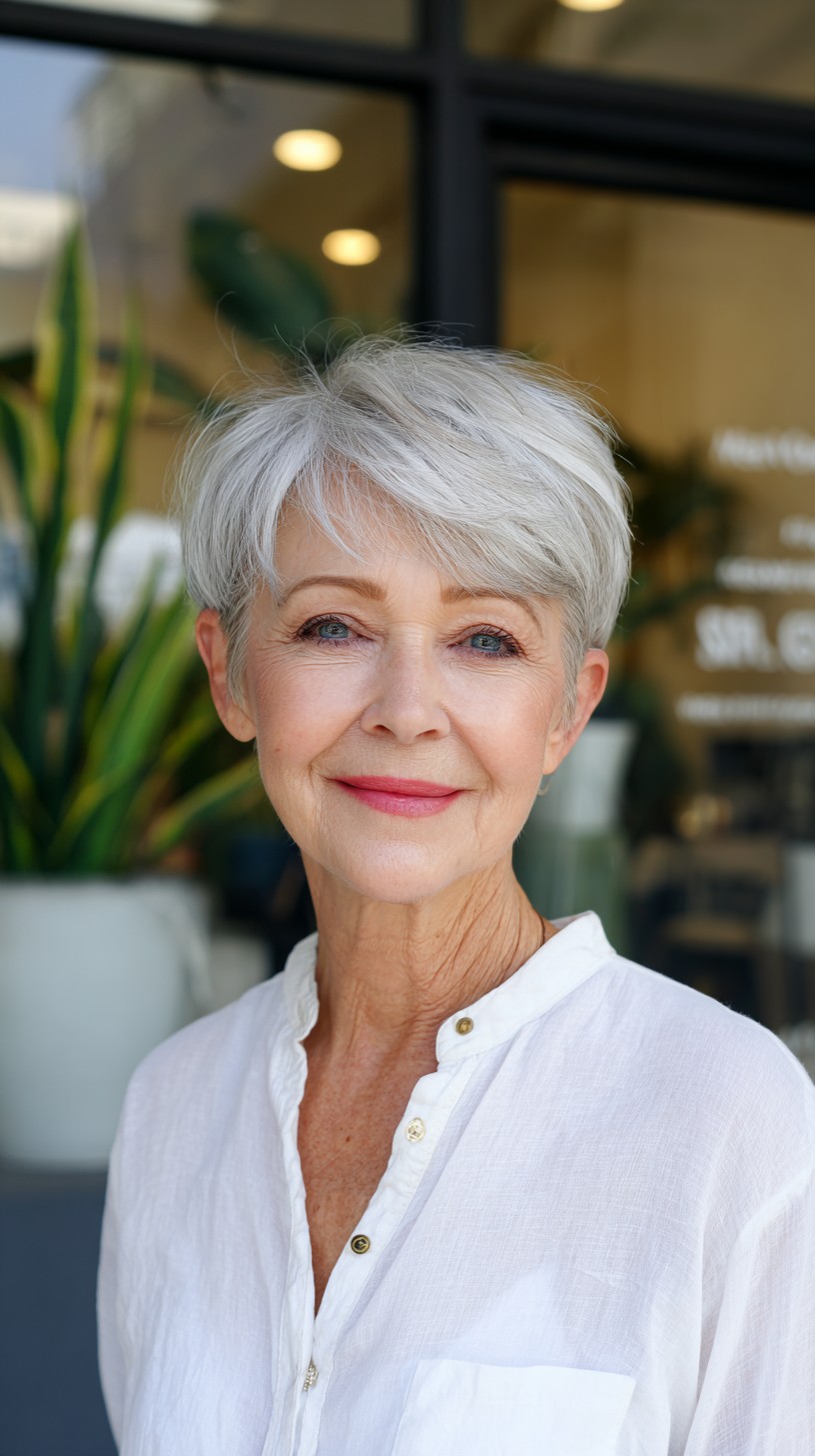Short Silver Pixie with Feathered Side Bang and Tapered Nape